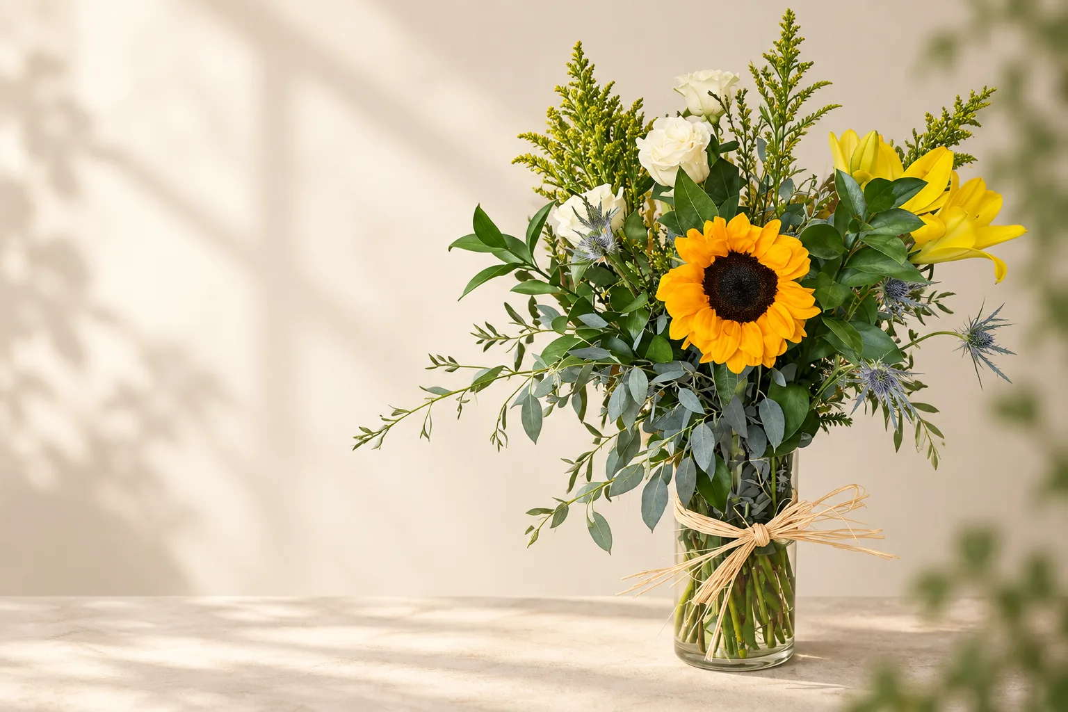 Arreglo floral de tonos claros con girasol, follaje y florero de vidrio