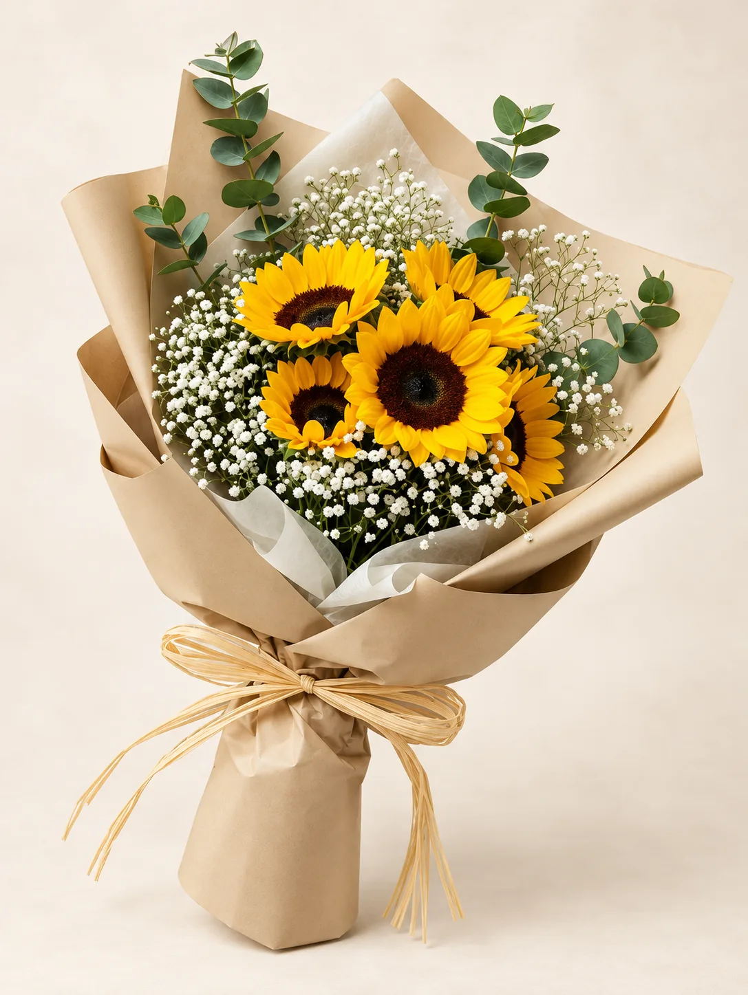 Ramo de girasoles con flores blancas y follaje